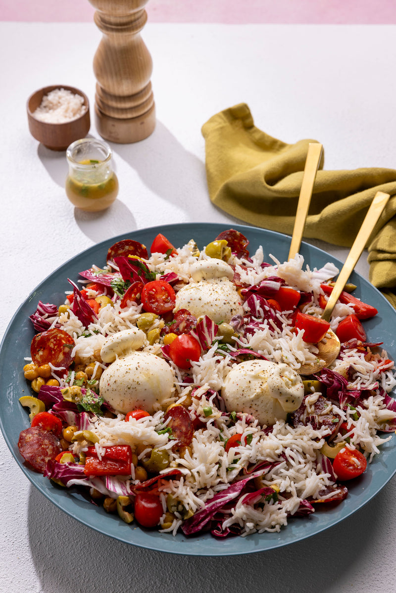 Mediterranean Rice, Salami & Burrata Salad with Roasted Chickpeas